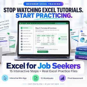 Könnte beinhalten: Ein Laptop mit einer Excel-Schulungsoberfläche und dem Text STOP WATCHING EXCEL TUTORIALS. START PRACTICING. Excel for Job Seekers. Ein weißer Becher mit Text, gestapelte Bücher mit der Aufschrift PRACTICE, PROGRESS, OPPORTUNITIES und Dokumentensymbole.