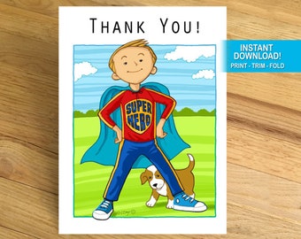 A Superhero Thank you! Instant download and print greeting card. Print, trim and fold to a 5" x 7"