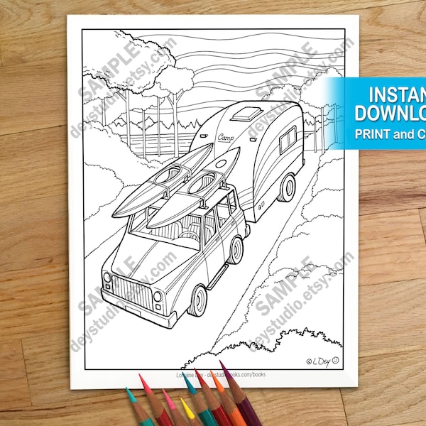 Adult Coloring Page or Children's Coloring fun - Camper Trailer and Kayaks, Single page Immediate download PDF