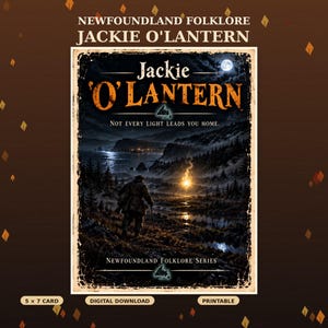 以下が含まれることがあります： 「Newfoundland Folklore Jackie O'Lantern」と題された長方形のデジタルプリント。暗く雰囲気のある風景の中、一人の人物が輝く光に向かって歩いている様子が描かれています。テキストには「Jackie O'Lantern, Not every light leads you home.」と記されています。