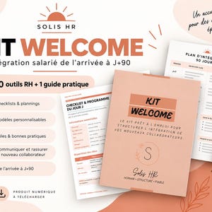Puede incluir: Un kit de bienvenida digital para la incorporación de empleados de Solis HR, que incluye un plan de integración de 90 días, listas de verificación y plantillas personalizables. Documentos en tonos melocotón y blanco con el texto KIT WELCOME.