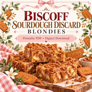 Op de afbeelding: Een digitale receptkaart voor Biscoff zuurdesem blondies met tekst, bloemillustraties en Lotus koekjes. De afbeelding toont vierkante stukjes blondie met koekkruimels en karamelsaus op een houten plank.