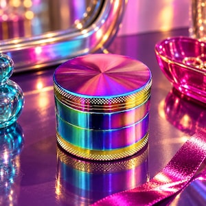 May include: A cylindrical herb grinder featuring a vibrant iridescent finish that shifts between shades of purple, blue, and gold. The metal device has a textured, diamond-patterned grip along the top and bottom edges, with a smooth, reflective surface.