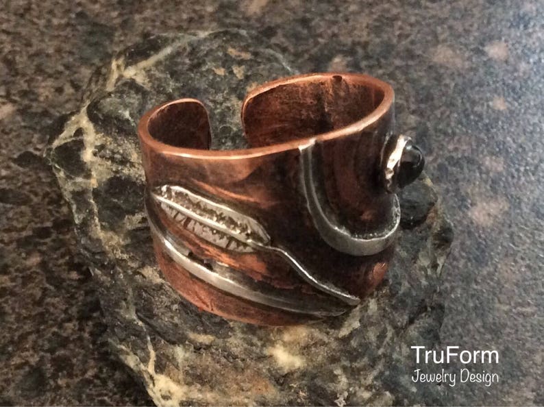 TRIBAL SPIRIT Feather Ring Zilveren en Koperen Ring, Koperen Sieraden, Native Sieraden, Maansteen Ring Sigaar Band Ring Aardse TSM205 afbeelding 5