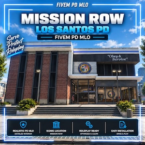 May include: A digital rendering of a police station building labeled Mission Row Los Santos PD with the text Obey & Survive, Serve Protect Roleplay, and FiveM PD MLO. The structure features red brick walls, large glass windows, and a central entrance.