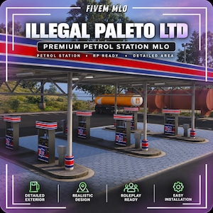 May include: A digital rendering of a petrol station featuring multiple fuel pumps with red, white, and blue accents. The structure includes a canopy with the text ILLEGAL PALETO LTD and PREMIUM PETROL STATION MLO. An orange tanker truck is visible.