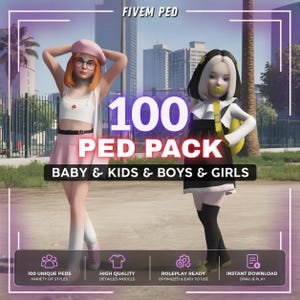 以下が含まれることがあります： FIVEM PED 100 PED PACK BABY & KIDS & BOYS & GIRLSというタイトルのデジタルキャラクターパックで、2人のスタイライズされた子供のアバターが特徴です。一人はピンクのベレー帽、白いクロップトップ、ピンクのスカートを着用しています。もう一人は黒いドレス、白い襟、黄色いバックパックを着用しています。