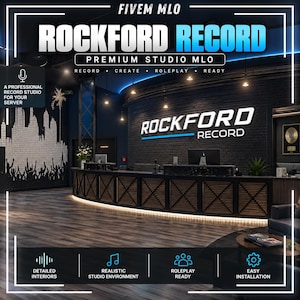 Puede incluir: Un diseño interior digital para un estudio de grabación con una pared de ladrillo oscuro con el texto ROCKFORD RECORD, un mostrador de recepción de madera, suelo negro y un gráfico de pared de una multitud. Incluye etiquetas de texto FiveM MLO.