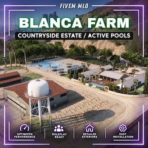 Könnte beinhalten: Eine digitale Luftaufnahme der Blanca Farm, einem Landgut mit einem weißen Wasserturm, einem großen Poolbereich und einem modernen Haus mit Holzterrasse. Das Bild enthält Textbeschriftungen für FiveM MLO, Leistung und Installation.