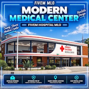 May include: A digital rendering of a two-story modern medical center building with large glass windows, white and brown exterior walls, and a red cross logo with the text Sandy Shores Medical Center. The image includes text overlays.