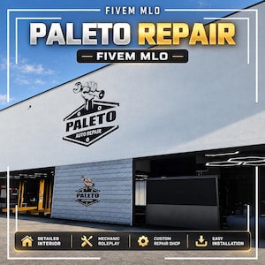 May include: A digital advertisement for a FiveM MLO Paleto Repair auto shop. The white building exterior features a black logo of a hand holding a wrench above the text Paleto Auto Repair. Bottom icons indicate detailed interior, mechanic roleplay, custom repair shop, and easy installation.