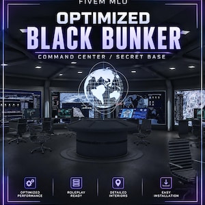 Könnte beinhalten: Ein digitaler Innenraum eines Kontrollzentrums mit einem zentralen runden Schreibtisch, einem holografischen Globus, mehreren Computermonitoren mit Datenanzeigen und Bürostühlen. Text: FIVE M MLO OPTIMIZED BLACK BUNKER.
