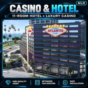 Könnte beinhalten: Ein mehrstöckiges, dunkelgraues Gebäude mit der Aufschrift Casino Atlantis Club und einem großen rautenförmigen Schild. Das Bauwerk verfügt über horizontale Neonlichtstreifen, zahlreiche Fenster und Palmen im Außenbereich.