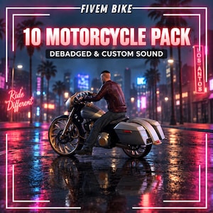 May include: A digital graphic featuring a motorcycle with a rider, labeled FIVEM BIKE 10 MOTORCYCLE PACK DEBADGED & CUSTOM SOUND. The scene shows a silver motorcycle on a wet city street at night with neon lights, palm trees, and urban buildings.
