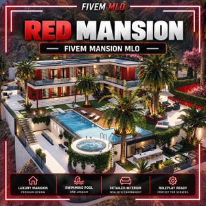 May include: A digital rendering of a two-story modern mansion labeled RED MANSION FIVE M MLO. The property features a rectangular swimming pool, a circular jacuzzi, palm trees, outdoor seating areas, and a white stone patio set against a hillside.