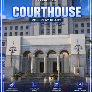 May include: A digital FiveM MLO courthouse building featuring a grand stone facade with columns, arched entryways, and scales of justice symbols. The text reads FIVEM MLO COURTHOUSE ROLEPLAY READY JUSTICE LAW COMMUNITY with icons for performance and installation.