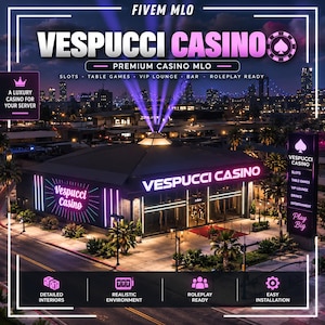 May include: A digital advertisement for a FiveM MLO Vespucci Casino featuring a night view of a building with neon signage, purple spotlights, and text listing features like slots, table games, a VIP lounge, a bar, and roleplay ready status.