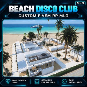 Puede incluir: Una representación digital de un club de playa con estructuras blancas, palmeras y una playa de arena con un yate en el océano. El texto dice BEACH DISCO CLUB CUSTOM FIVEM RP MLO, HIGH QUALITY ASSET, OPTIMIZED FOR SERVERS y EASY INSTALLATION.