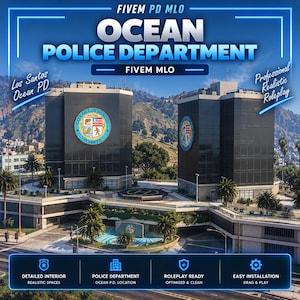 May include: A digital graphic for a FiveM PD MLO Ocean Police Department featuring two dark glass skyscrapers with the City of Los Santos Ocean P.D. emblem. The text reads FiveM PD MLO, Ocean Police Department, Los Santos Ocean PD, and Professional Realistic Roleplay.