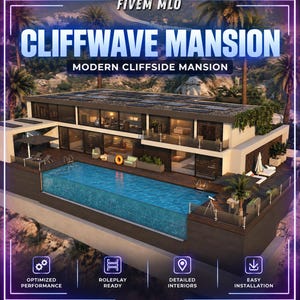 Könnte beinhalten: Eine digitale Darstellung einer modernen Villa an einer Klippe mit einem großen rechteckigen Infinity-Pool mit blauem Wasser, einer mehrstufigen Terrasse mit Außenmöbeln und Glaswänden. Der Text lautet FIVEM MLO CLIFFWAVE MANSION MODERN CLIFFSIDE MANSION.