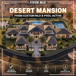 Puede incluir: Una representación digital de una gran mansión en el desierto con techo gris oscuro, paredes blancas y palmeras. La imagen incluye el texto: FIVEM MLO, DESERT MANSION, FIVEM CUSTOM MLO & POOL ACTIVE, LUXURY, MODERN, ROLEPLAY READY, OPTIMIZED PERFORMANCE, DETAILED INTERIORS, POOL ACTIVE, EASY INSTALLATION.