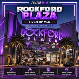May include: A digital rendering of a shopping mall titled Rockford Plaza, featuring purple neon lighting, palm trees, and glass architecture. Text includes FIVEM MLO, ROCKFORD PLAZA, FIVEEM RP MLO, SHOPPING | LUXURY | ROLEPLAY, and icons for shopping.