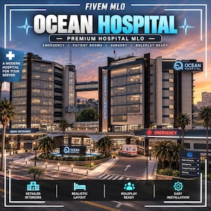 Puede incluir: Una representación arquitectónica digital de un hospital de varios pisos llamado Ocean Hospital. La estructura cuenta con fachadas de vidrio, un puente que conecta dos alas y una entrada de emergencia. El texto incluye Fivem MLO, Premium Hospital MLO, Emergency, Patient Rooms, Surgery, Roleplay Ready, Detailed Interiors, Realistic Layout y Easy Installation.