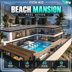 Puede incluir: Una representación digital de una mansión de playa moderna de dos pisos con una piscina rectangular, tumbonas, una pérgola de madera y paredes de cristal. Las superposiciones de texto incluyen FIVEM MLO, BEACH MANSION, POOL ACTIVE e iconos.