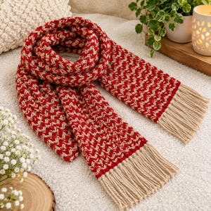 May include: A long, knitted scarf featuring a two-tone chevron pattern in deep red and cream. The scarf is coiled in a circular shape and finished with long, straight cream-coloured fringe tassels at both ends, creating a textured appearance.