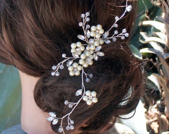 Bridal Rhinestone Crystals Pearls Hair Comb, Bridal Vine, Romantic Bride, Boho Style, Flowers  Wedding Clip, Fascinator, Wedding Accessories