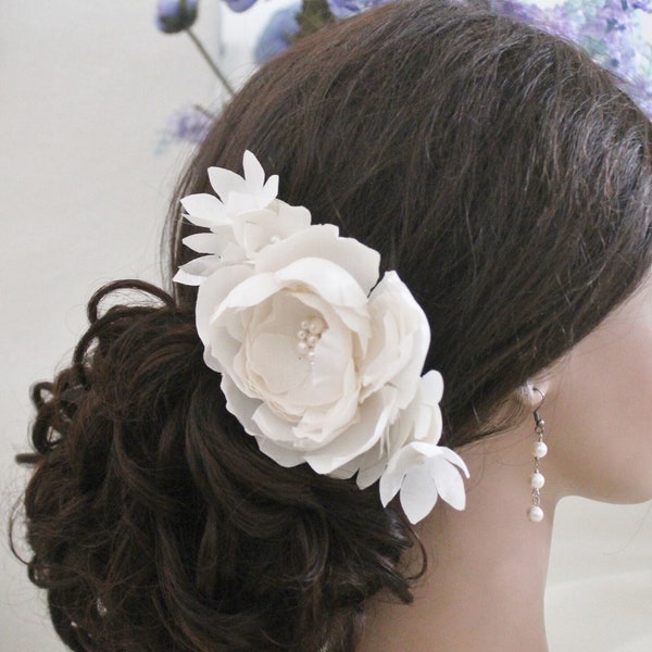 Bridal Hair Piece, Flower Clip, Rose Hydrangea Ivory Flower Fascinator, Sash, Freshwater Pearls, Wedding Accessories