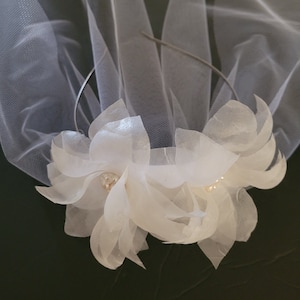 Bridal Hair Piece, Pure Silk Flowers, Blusher Tulle Veil, Bridal Headband, Birdcage Veiling, Flower Fascinator, Pearls Crystals Head Piece
