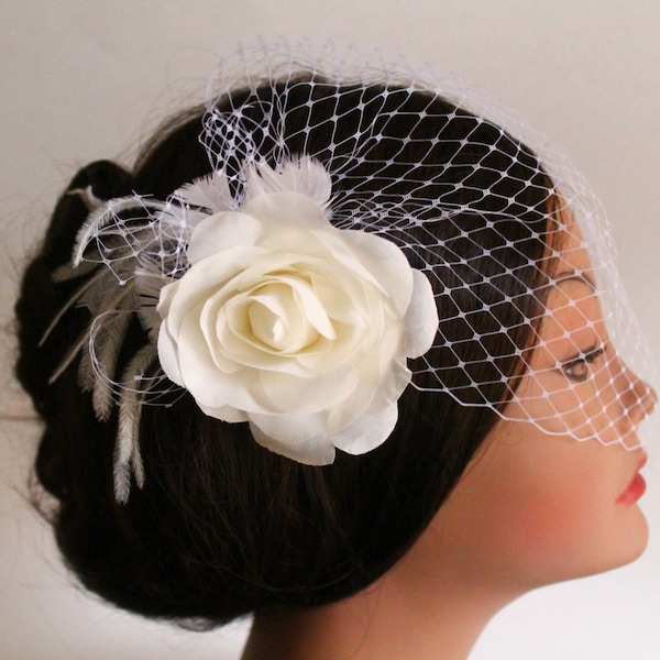 Birdcage Bandeau Veil, Ivory Flower Rose Birdcage Veil and Fascinator, Wedding Head Piece, Wedding Accessories, Ostrich Feathers