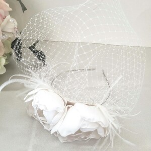 Birdcage veil, ivory flower birdcage veil and headband, bridal hairpiece, ostrich feathers, pearls, crystals, wedding head piece