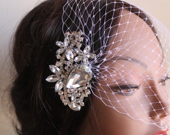 Birdcage Wedding Veil, Bridal Hair Comb, Bandeau Birdcage Veil, Blusher Bird Cage Veil, Rhinestone Crystals Fascinator Comb