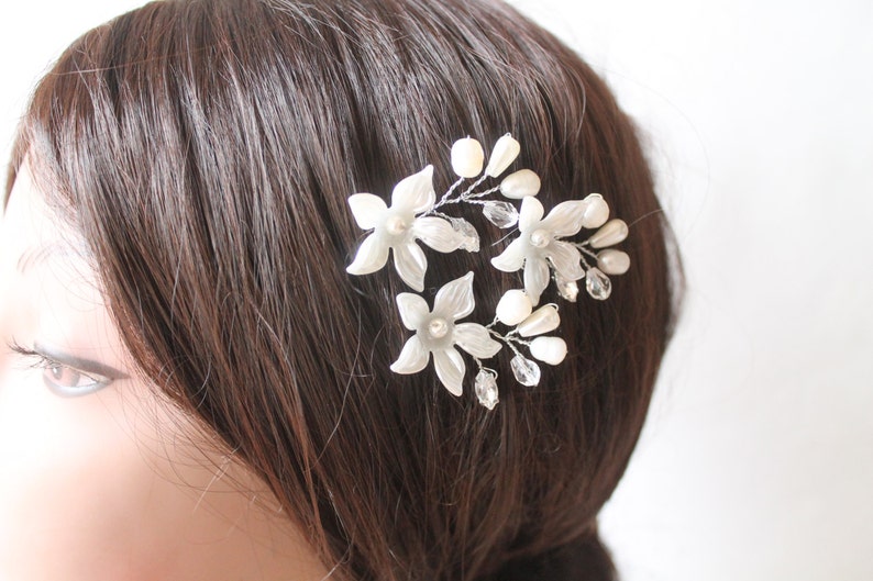 Wedding Hair Pins,Floral Vine Pearl Pin Bridal Head Piece Bridal Set Three Rhinestone Crystals Freshwater Pearls Bridal Flower Pins