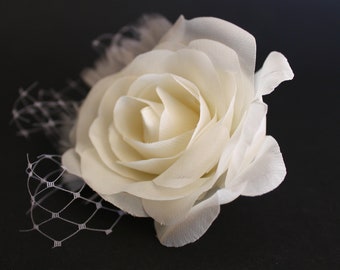 Bridal Ivory  Hair Clip French Netting, Ivory Rose, Hair Pin, Bridal Fascinator, Wedding Headpiece, Wedding Hair Piece, Wedding Accessories