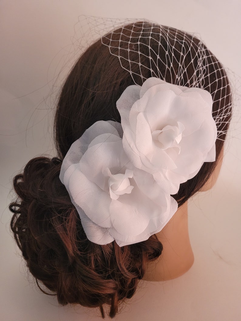 Birdcage Bandeau Veil, Bridal Camelia Flower Fascinators, Bridal Hair Piece, Wedding Head Piece, Bridal Set, Beach Wedding image 5