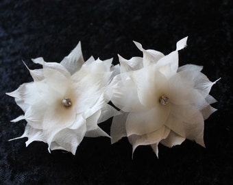 Bridal Ivory Flower Hair Pins, Set of 2 Hair Fascinator  Pure Silk  with Rhinestone Crystals