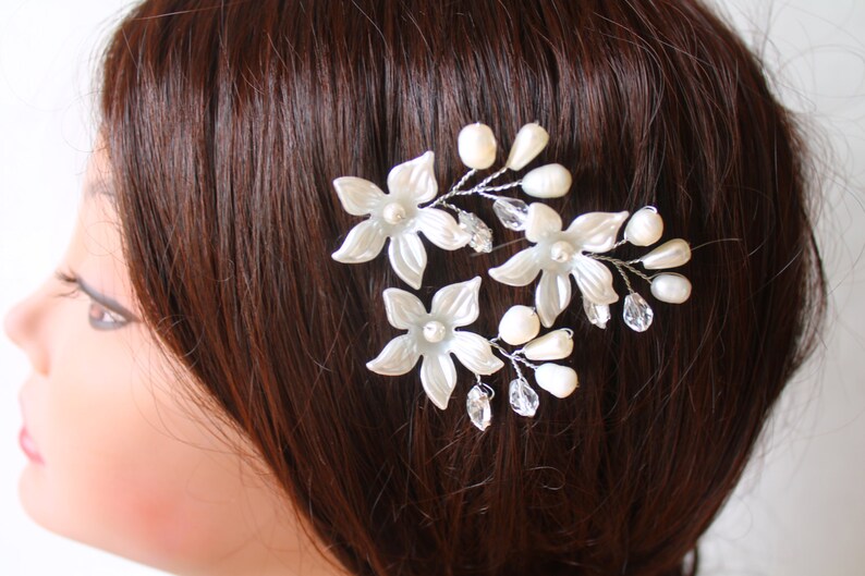 Wedding Hair Pins,Floral Vine Pearl Pin Bridal Head Piece Bridal Set Three Rhinestone Crystals Freshwater Pearls Bridal Flower Pins