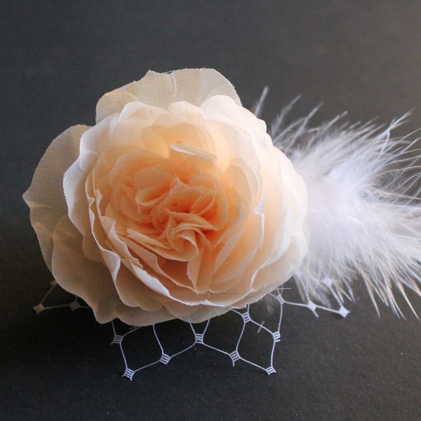 Bridal Peony Rose Hair Flower Fascinator, Hair Clip with Feathers French Netting Wedding Accessories