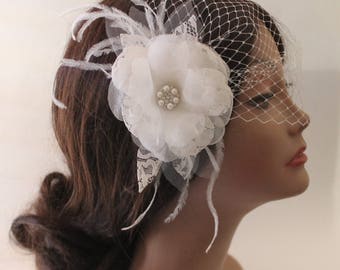 Birdcage Bandeau Veil, Bridal Flower Clip, Hair Piece, Ostrich Feathers, Silk Flower Fascinator, Beach Wedding