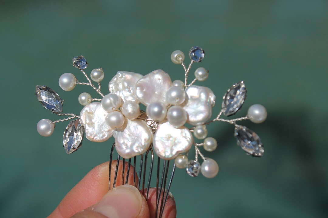 HONEY BEAR Peigne à Cheveux Pince Bijoux De Mariée Fleur Perles Et Strass - Blanc Or Rose