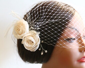 Birdcage Bandeau Veil, Ivory Roses Birdcage Veil and Fascinator, Vintage Style Head Piece, Wedding Accessories