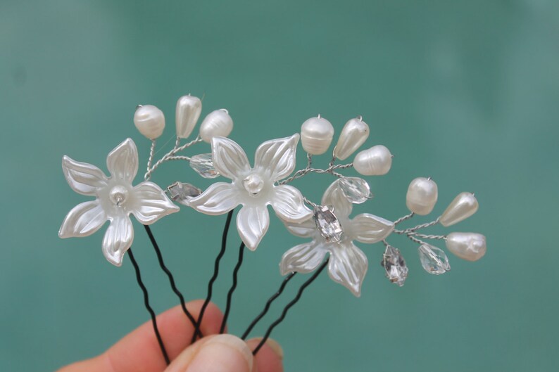 Wedding Hair Pins,Floral Vine Pearl Pin Bridal Head Piece Bridal Set Three Rhinestone Crystals Freshwater Pearls Bridal Flower Pins