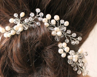 Bridal Crystal Pins, Pearl Pins, Bridal Headpiece, Hair Fascinator, Flower Girl Pins, Freshwater Pearls, Wedding Hair Jewelry, Beach Wedding