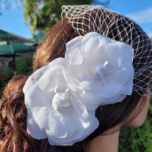 Birdcage Bandeau Veil, Bridal Camelia Flower Fascinators, Bridal Hair Piece, Wedding Head Piece, Bridal Set, Beach Wedding image 2