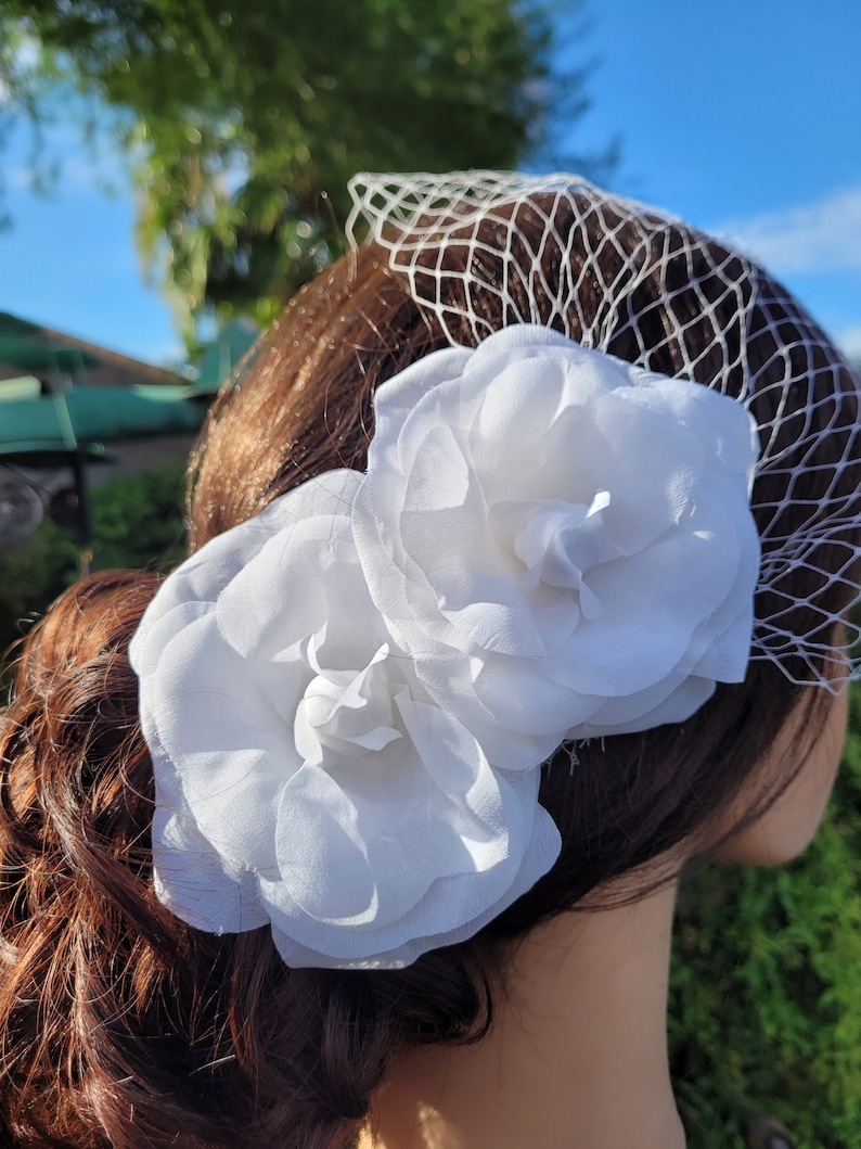 Birdcage Bandeau Veil, Bridal Camelia Flower Fascinators, Bridal Hair Piece, Wedding Head Piece, Bridal Set, Beach Wedding image 2