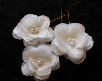 Bridal Set of 3 - Ivory Flower Rose Hair Fascinators with Pearls and Crystals, Bobby Pins