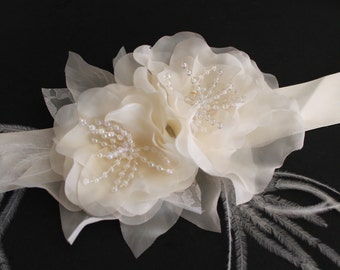 Bridal Sash Ivory Flowers and Pearls with Feathers for your Wedding